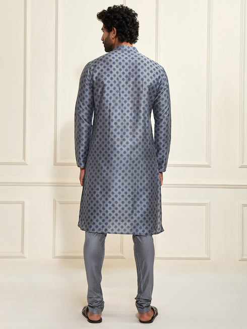 VASTRAMAY Men's Grey Cotton Silk Blend Kurta